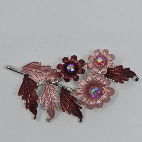 Vintage Floral Brooch Pink Burgundy Enamel AB Rhinestones Silver Tone Pin - Picture 5 of 10